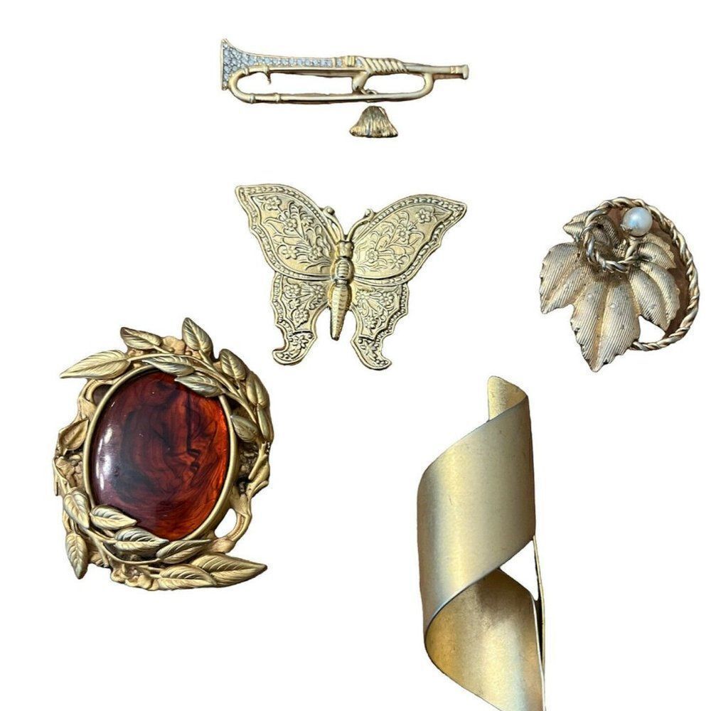 Lot Of 5 Vtg Gold Tone Brooches Trombone Maple Leaf Pearl Butterfly Amber Leaves